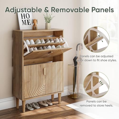 Smuxee Shoe Cabinet with 2 Flip Drawers, 23.6" Oak Hidden Shoe Storage Cabinet with Line Groove Design, Freestanding Shoe Organizer Cabinet for Entryway, Hallway, Living Room - color: Oak With Flip Drawers, size: 23.6" (60 cm)