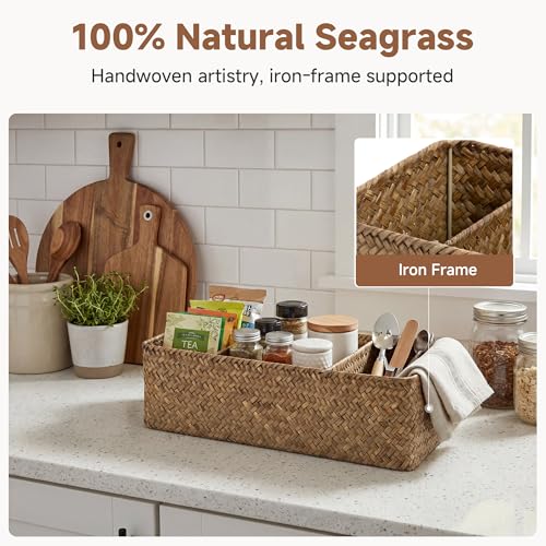 StorageWorks Toilet Paper Basket for Back of Toliet，with 3-Compartments, Basket Organizer, Seagrass Toilet Tank Basket, Brown, 2-Pack - color: Brown（seagrass）, size: 14¼"L x 6"W x 4¼"H