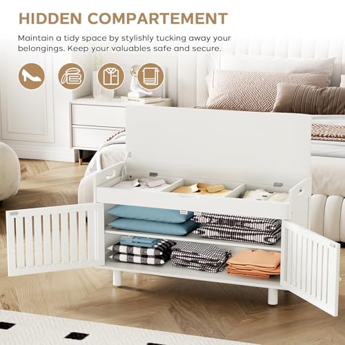 oakvivo 35.4in Shoe Bench with Storage, Bamboo Entryway Bench with Lift Top Hidden Storage & Padded Seat, 2 Doors 2-Tier Narrow Shoe Rack Cabinet Organizer for Hallway Mudroom Bedroom, White - color: White
