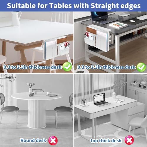 Desk Side Storage, Desk Laptop Holder with Magnetic Pen Holder, No Drill Desk Side Organizer for Office and Home Fits Flat Edge 0.3" to 2.3" - color: White