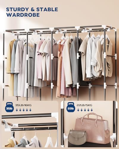 Mavivegue Clothes Organizer with 4 Hanging Rods, Portable Closet Wardrobe, Non-Woven Fabric Cover, Large Capacity Storage for Bedroom and Living Room,Black, 67" W x 17" D x 67" H - color: Black, size: 67"W x 17"D x 67"H