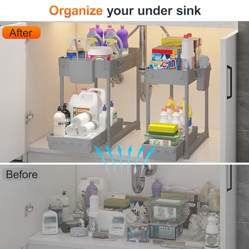 Sevenblue Under Sink Organizer, Bathroom Organizers and Storage, 2 Tier Multi-Use Pull Out Cabinet Organizer with Hang Hooks and Cups (Gray, 4 Pack) - color: Gray, size: 12.8 Inch