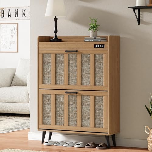 ChooChoo Shoe Storage Cabinet with 2 Flip Drawers, Deodorizing Shoe Organizer Storage for Entryway, Freestanding Hidden Slim Narrow Shoe Rack Cabinet, Rustic Oak - color: Rustic Oak, size: 2-Drawers