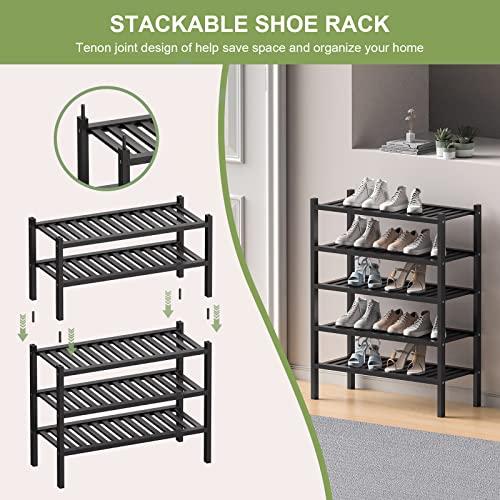 ROMGUAR CRAFT 2 Tier (Thick) Bamboo Shoe Rack for Closet Free Standing Wood Shoe Shelf for Entryway Small Space Stackable 27"x12"x14" (Black) - color: Black, size: 2 Tier(Thick)