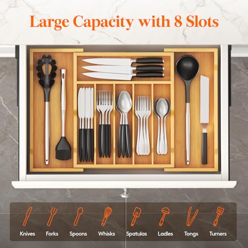 Lifewit Silverware Drawer Organizer, Expandable Utensil Tray for Kitchen, Flatware and Cutlery Holder, Wood Adjustable Storage for Spoons Forks Knives, 13-22x15/ 33-56x38cm, Natural - color: Natural, size: 13~22.4''W x 15''D