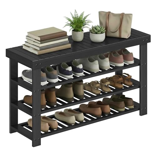 SONGMICS Shoe Rack Bench, 4 Tier Bamboo Shoe Storage Organizer, Entryway Bench, for Living Room, Bathroom, Bedroom, 11.3 x 35.2 x 20.5 Inches, Ink Black ULBS390BH01 - color: Ink Black, size: 11.3"D x 35.2"W x 20.5"H