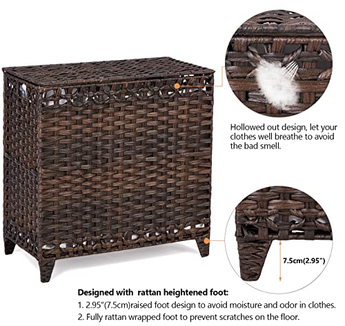 Laundry Hamper with 3 Removable Liner Bags; 132L Handwoven Rattan Laundry Basket with Lid & Heightened Feet; Clothes Hamper with Side Handles; Laundry Sorter with 3 Separate Sections - color: Brown, size: 132L-3 Section