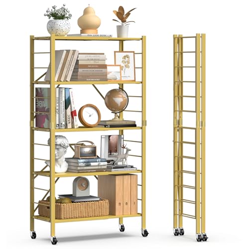 5 Tier Foldable Storage Shelves, Expandable Folding Shelving Units with Wheels, Changeable into 2 Shelf Units, Collapsible Adjustable Storage Rack Metal Shelves for Storage, Pantry, Garage, Gold - color: Gold, size: 5-Tier