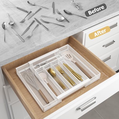 Sedegn Silverware Organizer Metal Mesh, Drawer Organizer, Utensil Cutlery Tray for kitchen drawers,Expandable Flatware Organizer with 7 Compartment White 9.6"~16.1" x 13.8" - color: White, size: Expandable 9.6"~16.1" x 13.8"