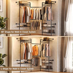 Wall Mounted Garment Rack, Walk-in Closet System with Expandable Rods, Adjustable Shelves, Industrial Pipe Clothing Racks, Hanging Clothes Organizers and Storage, Metal Closet Shelving Wardrobe - color: Black