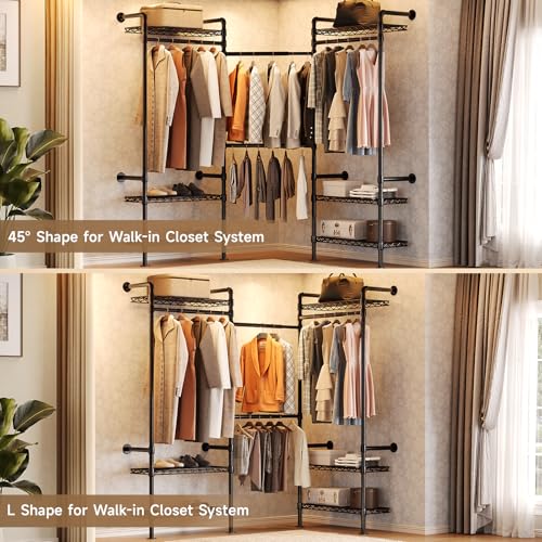 Wall Mounted Garment Rack, Walk-in Closet System with Expandable Rods, Adjustable Shelves, Industrial Pipe Clothing Racks, Hanging Clothes Organizers and Storage, Metal Closet Shelving Wardrobe - color: Black