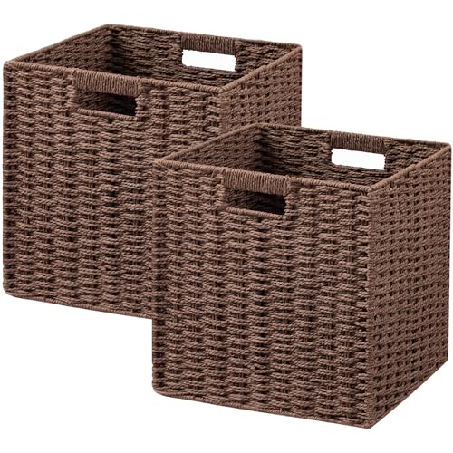 UBBCARE 2 Pack Wicker Basket, 11L×11H×10.5W inch Woven Paper Rope Storage Baskets for shelves, Foldable Cube Storage bin with Handle, Storage Basket for Organizing (Dark Brown, Cube-2pack 11") - color: Dark Brown, size: Cube-2pack 11"