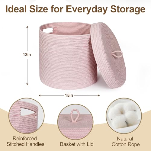 Storage Basket with Lid, Woven Blanket Storage for Living Room, Soft Cotton Rope Bin with Lid, Round Wicker Laundry Basket with Cover, Lidded Kid Dog Toy Box, Nursery Organizer, 15"x13", Pink - color: Pink