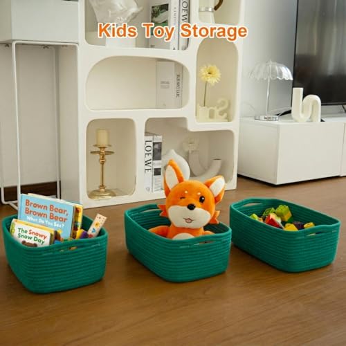 Small Storage Baskets for Organizing, Woven Storage Bins for Shelves, Gift Basket Empty, Cute Decorative Closet Organizer, Baby Rope Basket, Dog Toy Storage, 13.2x8.2x5.2”, 3Packs Green - color: Green, size: M