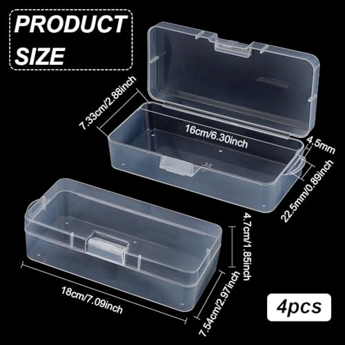 BENECREAT 4 Packs Rectangle Plastic Container Box, 7x3x1.8inch Clear Storage Organizer with Hinged Lid and Hanging Hole for Small Craft Accessories Office Supplies - size: 7x3x1.8inch