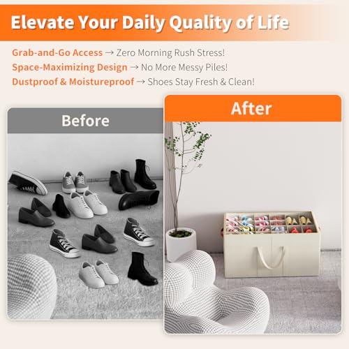Aokeyee 2 Pack Shoe Organizer for Closet, Large Shoe Storage Box Fits up to 48 Pairs, Space Saving Foldable Shoes Organizer Bin w/Clear Cover and 4 Reinforced Handles, Beige - color: Beige, size: Fits up to 48 Pairs