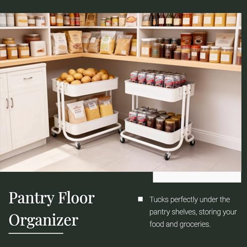2 Tier Under Desk Storage Cart with Wheels Heavy Duty Metal Short Rolling Pantry Storage Cart for Small Space, Utility Trolley for Kitchen Bathroom Laundry Cute Snack Craft Organizer, White - color: White-1
