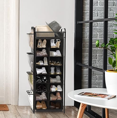 Simple Houseware 16 Cube Shoe Stand Tower Rack 8 Tier with Top Shelf and Side Hanging Pockets, Black - color: Black