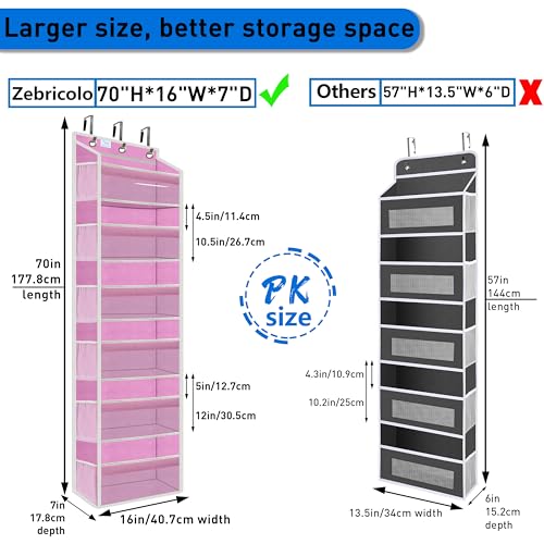 over the door organizer, Solid Bamboo Board (Not Plastic!) 6-Tier Heavy Duty 75LB, 12 Side Pockets, 3 Reinforced Hooks & Anti-Slip Pads, Waterproof & Washable, No Sagging, No Door Damage,Pink - color: over door organizer-Pink