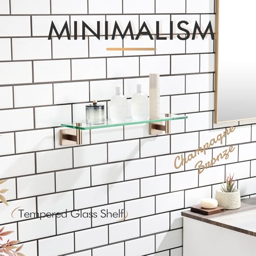 KOKOSIRI Wall Shelves Bathroom Hardware Tempered Glass Floating Shelf Hanging Rack Storage/Room Decor 20-Inch Champagne Bronze 2 Pack B1105CPG-L20-P2 - color: Champagne Bronze, size: 20-Inch(2 Pack)
