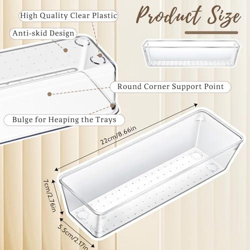 Dimeho 12 PCS Drawer Organizers Clear Plastic Vanity Drawer Dividers Kitchen Silverware Utensil Storage Desk Storage Tray for Bathroom Bedroom Office Makeup Jewelry 9 x 3 x 2 Inches