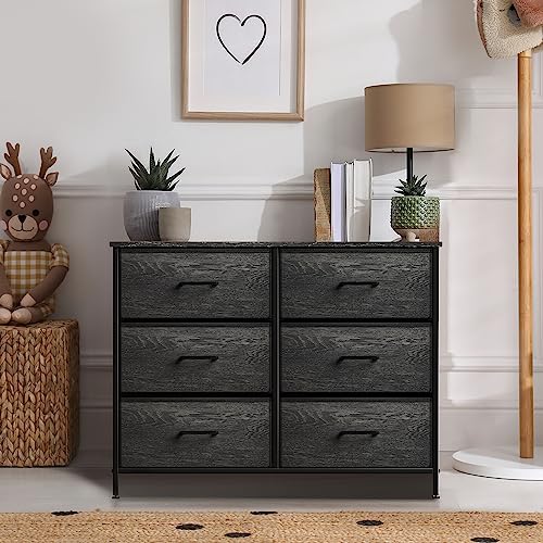 Sorbus Dresser with 6 Faux Wood Drawers - Chest Organizer Unit with Steel Frame Wood Top & Handle Easy Pull Fabric Bins for Clothes - Storage Furniture for Bedroom, Hallway, Living Room & Closet - color: Gray Wood, style: 6 Drawer