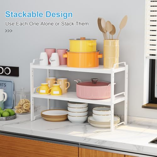 4 Pack Kitchen Cabinet Shelves Organizers, Kitchen Counter Storage Shelf Spice Rack, Expandable Length, Adjustable Height, Stackable, Sturdy 30LBS Bearing, Small Cupboard Tabletop Organizer Shelf Rack - color: White, size: 4 Pack (L=12.6"-20.5")