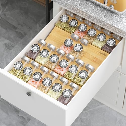 AMBIRD Bamboo Spice Drawer Organizer with Non-slip Mat,4 Tier Jar Spice Rack Tray 9.5'',Seasoning Organizer for Kitchen,Cabinet,Drawers,Countertop - size: 4 Pcs x 9.5'' W, style: Natural