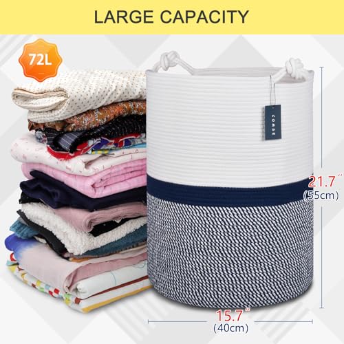 COMSE Extra Large Blanket Basket, Tall Woven Storage Basket, Nursery Hamper, 15.7”x 21.7”, Cotton Rope Laundry Hamper for Toys Clothes Towels, Blend White/Navy Blue - color: Blend White & Navy Blue