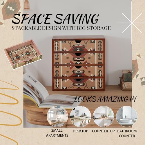 Boho Navajo Wooden Desk Organizer with Drawers – 4-Drawer Desktop Storage Box – Rustic Tribal Wood Desk Organizer for Office, Vanity, or Craft Supplies – Compact & Stylish Wooden Storage Drawers - color: Light Tribal Boho