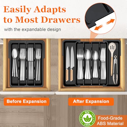 Spaclear Kitchen Silverware Organizer for Drawer - Expandable Silverware Drawer Organizer Adjustable Utensil Drawer Holder, Flatware Cutlery Tray for Spoons Forks Kitchen Organizers Storage,Black, S - color: Black, size: S(9.5-15.2"W x 12.6"D)