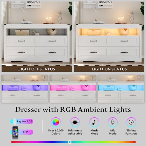 Dresser for Bedroom with 4 Drawers, Farmhouse Chest of Drawers with Natural Texture and LED Lights, Wide Wood Rustic Closet Storage Organizer, Modern Dresser TV Stand for Living Room, Entryway, White - color: White, size: 13.8"D x 47.2"W x 29.5"H (4 Drawe