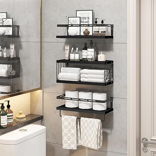 Fixwal 3+1 Tier Wall Mounted Bathroom Shelves Over Toilet, Rustic Wood Floating Shelves with Metal Frame and Towel Bar for Bathroom, Kitchen, Bedroom, Living Room (Black) - color: 5-black