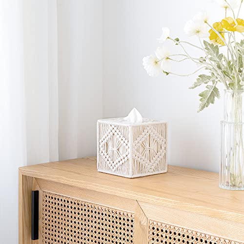 Mkono Tissue Box Cover Macrame Square Open-Bottom Tissue Box Holder Boho Decor Tissue Organizer Bohemian Handmade Woven Tissue Cube Box for Bathroom Bedroom Dresser Living Room Office Dorm, Ivory - color: Ivory