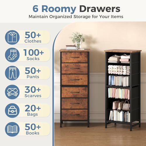 DUMOS 6 Drawers Dresser for Bedroom with Wheels, Fabric Storage Cabinet Organizer with Removable Fabric Bins, Sturdy Steel Frame for Living Room, Office, Entryway, Closets, Brown - color: Rust, size: 11.8"D x 15.7"W x 39.4"H (6 Drawers)