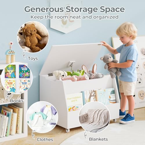 Costzon Kids Toy Box, Wooden Mobile Toy Storage Organizer with Bookshelf & Lockable Wheels for Girls Boys, Toy Storage Chest Bench for Toddler Room, Playroom, Bedroom, Living Room, Nursery - color: White, style: Classic