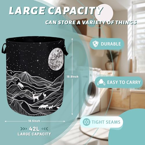Mountain Laundry Basket Foldable With Handles Deer Bear Moon Tote Bag Oxford Cloth Funny Laundry Hamper Clothes Storage Bucket Toy Organizer For Bathroom/Laundry/Bedroom 18.9" x 16.5 " - color: Mountain With Galaxy Moon Bear