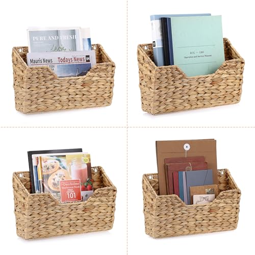 BTSKY Woven Hanging Magazine Holder, Water Hyacinth Magazine Basket, Wall Mounted Storage Basket for Books & Files, Wall File Organizer Magazine Rack with Handle for Home & Office - 13.2x2.8x8.9 Inch