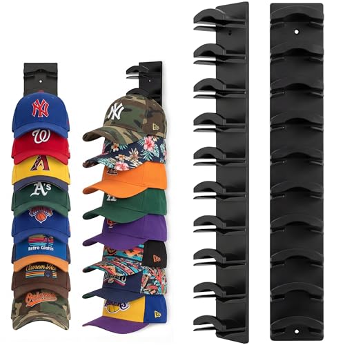 2 Pack Hat Organizer for Baseball Caps, Hat Rack with Strong Adhesive, Wall Mounted Hat Hooks for Hat Storage Display, Holds up to 20 Hats, Multi-Layer Cap Organizer for Closet Door and Bedroom(Black)