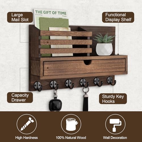 Key Holder Wall Mount, Mail Holder with Storage Drawer and 6 Key Hooks for Coat, Dog Leash, Home Decor Rack, House Accessories, Entry Way Organizer - color: Brown, size: Large - 13.8 Inch