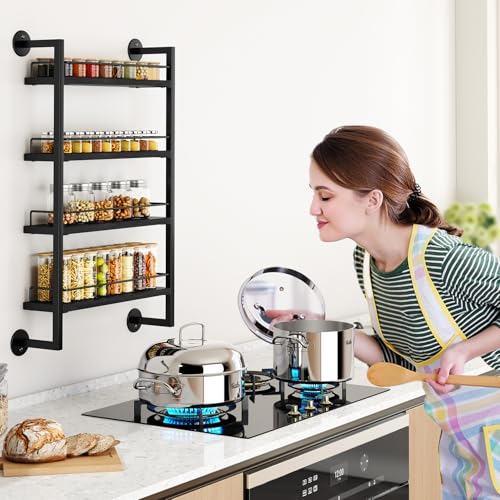 IBUYKE Spice Rack Wall Mount,4 Tier Hanging Seasoning Organizer, Spice Rack for Wall for up to 50 Jars,Spice Organization for Kitchen Cabinet,Living Room,Bathroom,Pantry,Black UTLJ016B - color: Black