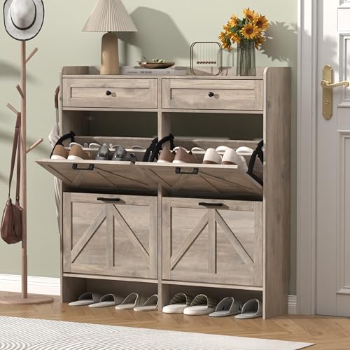 Thacuok Shoe Cabinet with 4 Flip Drawers & 2 Storage Drawers, Rustic Farmhouse Narrow Shoe Organizer Cabinet, Slim Shoe Rack Cabinet, Shoe Storage Cabinet for Entryway, Hallway, Front Door - color: Grey, size: 4 Drawers