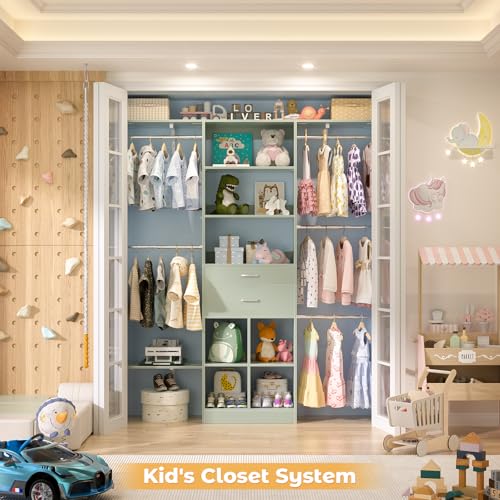 Small Closet System - 5FT Closet Organizer System with Wooden Drawers, 60 Inches Walk In Closet System With 5 Hanging Rods, Can Fit 1.58 to 6.8 FT with Reversible Hanging Shelving, Crab Green - color: Crab Green, size: 5FT