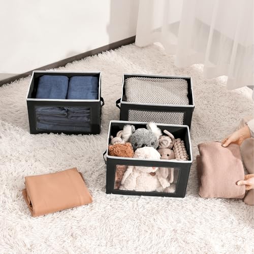 Homsorout Cube Storage Bins with Lids, Clear Window Storage Baskets for Organizing, Fabric Organizer Bins with Handle, Cloth Storage Bins for Shelves, Closet, Clothes, Towels, 4 Packs, Black - color: Black, size: L(4-Pack)