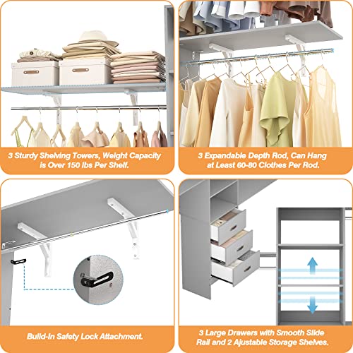 Armocity 96 Inches Closet System, 8FT Walk In Closet Organizer with 3 Shelving Towers, Heavy Duty Clothes Rack with 3 Drawers, Built-In Garment Rack, 96" L x 16" W x 75" H, Max Load 1000 LBS, Grey - color: Grey
