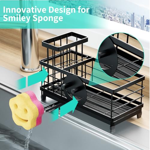 HapiRm Sponge Holder for Kitchen Sink - Self-draining Sink Caddy with Smiley Face and Brush Holder, Stainless Steel Kitchen Countertop Essentials and Gadgets - Black - color: Black, size: with Smiley Face Sponge Holder（single）