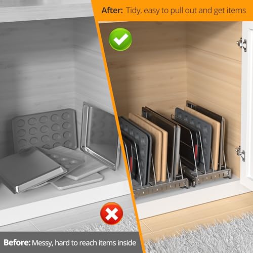 Pull Out Cabinet Organizer for Cutting Board, Cookie Sheet, Baking Sheet, Stainless Steel Sliding Rack for Bakeware & Trays, Heavy-Duty Cutting Board Organizer (9” x 16.5” (22.8 x 41.8 cm)) - style: 9”W x 16.5”D (22.8 x 41.8 cm)