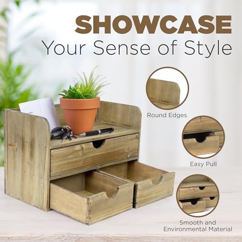 Besti Wooden Office Desk Organizer - Organizing Tool for Desktop, Cubicle, Bedroom, Kitchen - Vintage Style Organization Caddy with Top Tray Shelf & 3 Drawers - 13.6x9x7 Inches (Rustic Burnt) - color: Rustic Burnt