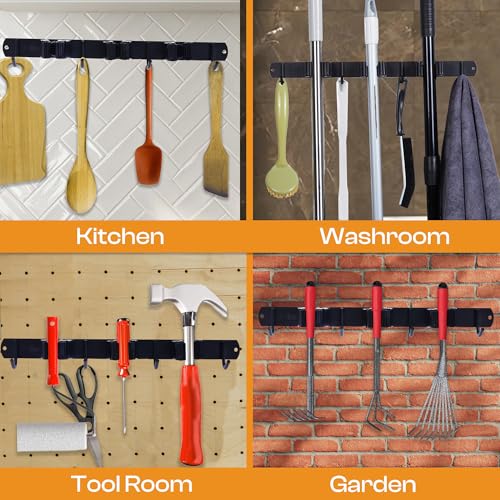 Heavy-Duty Stainless-Steel Broom Holder Wall Mount with 3 Racks and 4 Hooks | Waterproof Mop and Broom Hanger | Adjustable, Garage & Garden Tool Organizer | Black - size: 3 Racks & 4 Hooks