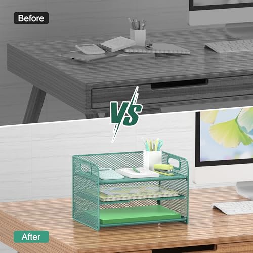 Samstar 3 Tier Green Letter Tray Paper Organizer with Handle, Mesh Desk Organizer Paper Sorter File Rack Shelves, Green - color: Green